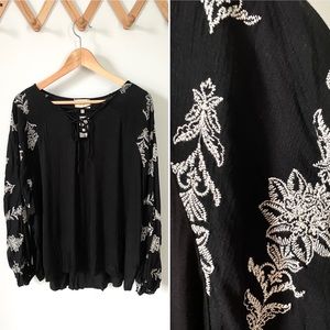 Anthropologie Embroidered Lace Up Blouse by En Elle [NWT]